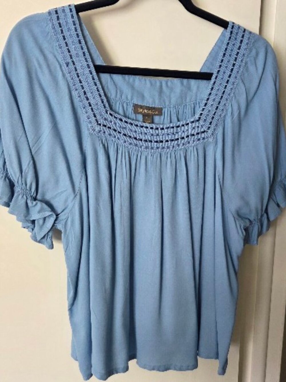 Style & Co Blue Peasant Top with Woven Ribbon Neckline Detail - Sz L